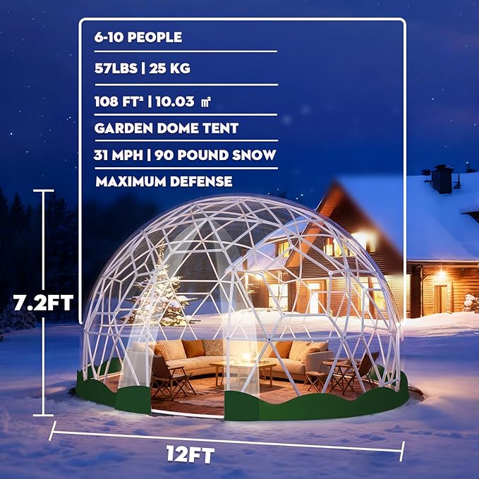 12FT Garden Dome Tent, Geodesic Dome Greenhouse with PVC Clear Cover, Waterproof Garden Bubble Dome Tent House with 2 x 10M Light Strings for Outdoor, Patio, Party