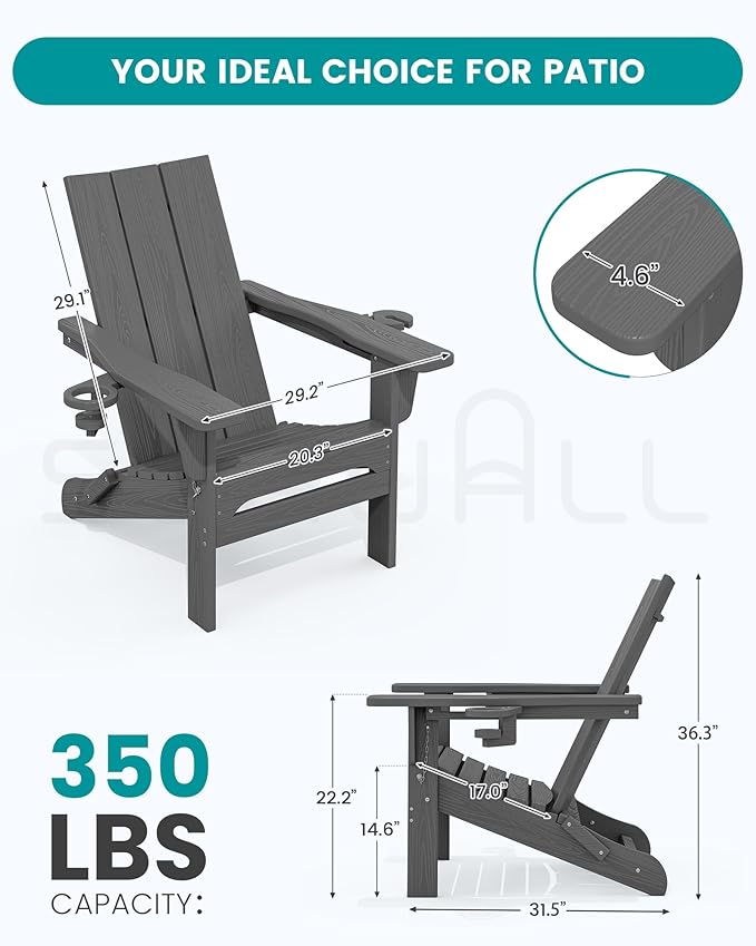 SERWALL Outdoor HDPE Adirondack Chair Set 2, Modern Folding Adirondack Chair with Cup Holders, Weather Resistant Fire Pit Chairs, Gray