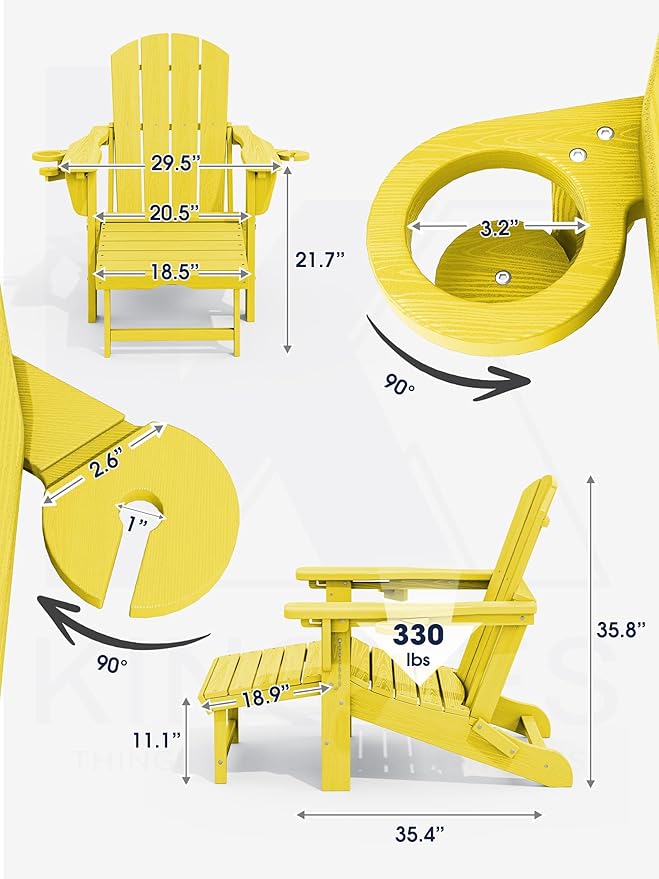 KINGYES Folding Adjustable Adirondack Chair with Ottoman & 2 Cup Holders, HDEP Multifunctional Adirondack Chair with Footrest, Yellow