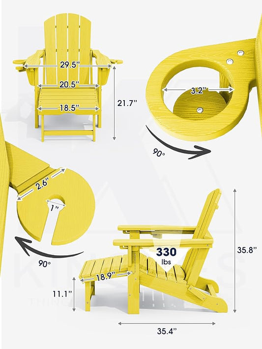 KINGYES Folding Adjustable Adirondack Chair with Ottoman & 2 Cup Holders Set of 2, HDEP Multifunctional Adirondack Chair with Footrest, Yellow
