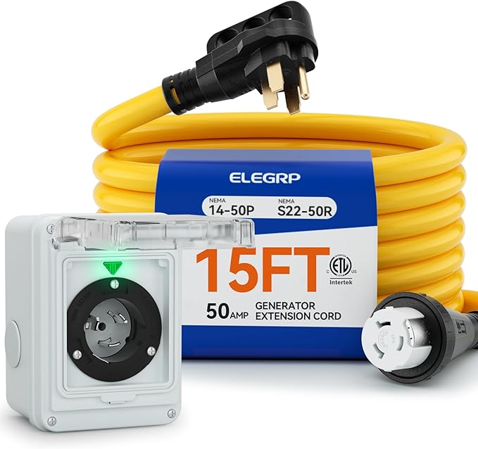 ELEGRP 50 Amp Generator RV Cord 15 FT and Power Inlet Box, Pre-Drilled Generator Inlet Box, NEMA 14-50P to NEMA SS2-50R 6/3+8/1 Gauge STW Generator Cord Waterproof Combo Kit, UL Standard Compliant