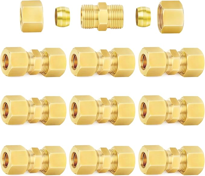 ChillWaves Brass Compression Tube Fitting, 1/4" OD x 1/4" OD Compression Union Connector(10-PACK)