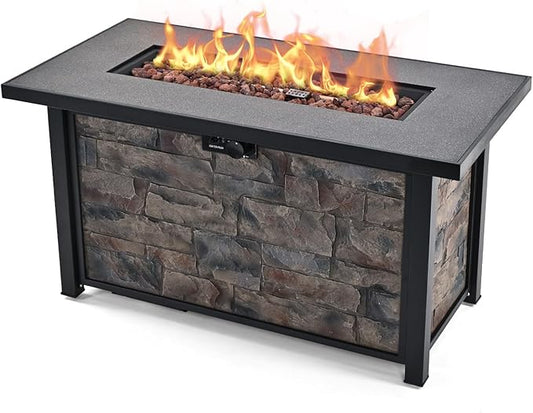 48" Propane Gas Fire Pit Table，Metal Tabletop & Polyresin Stone Look Base, with Metal Lid,Lava Rocks & Waterproof Cover, for Outside ，50000 BTU, Wide Top Surface,Christmas
