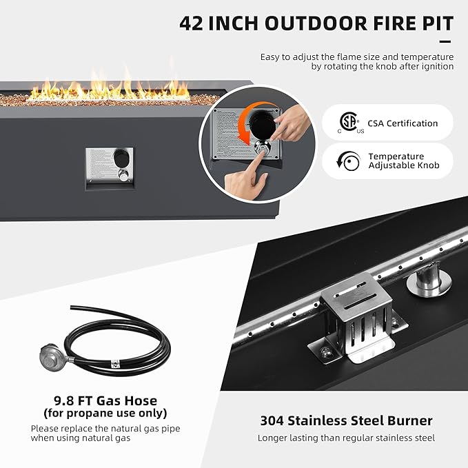 UPHA 42-inch Outdoor Propane Gas Fire Pit Table 50000 BTU Iron Rectangle Firepit for Outside Patio with Tank Hidden Table, Removable Lid, Gold Glass Rocks, Rain Cover, Grey