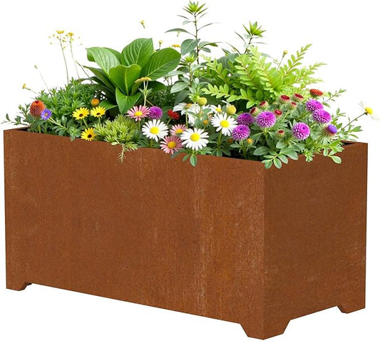 Large Planters for Outdoor Plants 32"L x 15"W x 15"H, Co-rten Steel Planter Box with 6 Drainage Holes, Raised Bottom, All-Weather Garden Planter Box for Patio, Lawn, Commercial & Residential