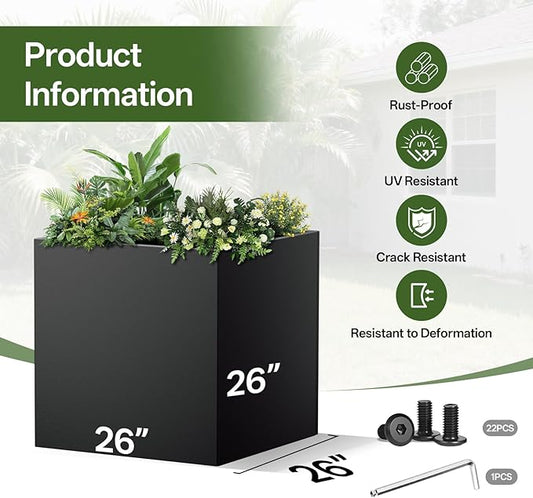 Metal Planter Box, 26" x 26"x 26", Heavy-Duty Galvanized Steel Outdoor Planter with Drainage Holes, Rectangular Planter for porches, Gardens, patios, and courtyards，Black