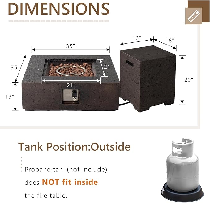 COSIEST Outdoor Propane Fire Pit Coffee Table w Square Faux Stone 35-inch Base, Certified, 50,000 BTU Stainless Steel Burner, Free Lava Rocks and Rain Cover,Tank Cover, Stone Bronze