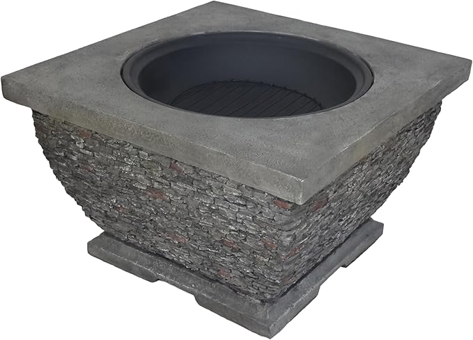 32 Inch Outdoor Fire Pit Table, Wood Burning Fire Pit for Patio with Spark Screen, Fire Poker, MGO Light-Weight Concrete Square Firepit for Camping, Garden, Backyard, Gray
