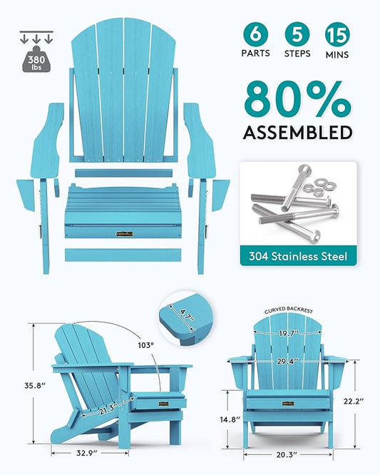 SERWALL Folding Adirondack Chair Weather Resistant Patio Chair Outdoor Chairs Set of 8 Painted Adirondack Chairs - Light Blue