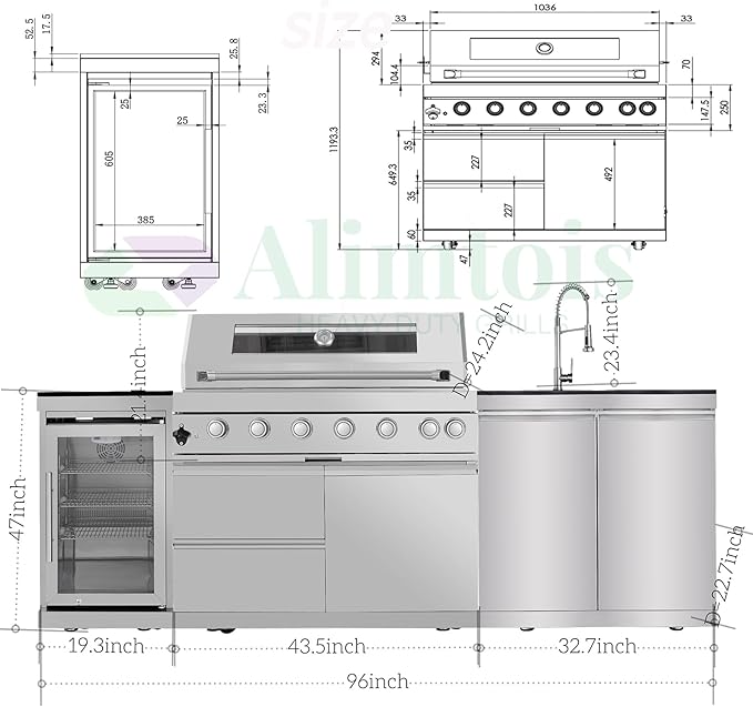 BBQ Island Outdoor Kitchen: 96-Inch 6-Burner 85000 BTU Modular Outdoor Grill Islands with Grill + Wine Cooler Refrigerator + Rotisserie + / Steel Sink/Storage Cabinets & Drawers