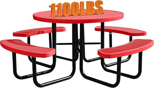 8-Person Outdoor Picnic Tables,46" Heavy-Duty Metal Round Picnic Table,Expanded Metal Commercial-Grade Table with 4 Benches & Umbrella Hole,Waterproof Coating Beach Table for Patio,Garden, Backyard