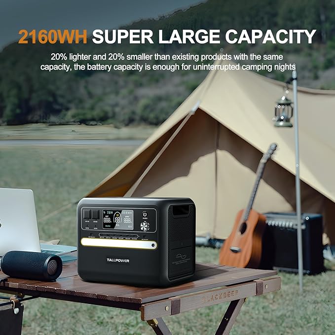 TALLPOWER Portable Power Station, 2400W, 2160Wh Large Capacity,AC Output Rating, LED Light, UPS Function,for Outdoor Camping (2400W Power Station+200W Solar Panel)