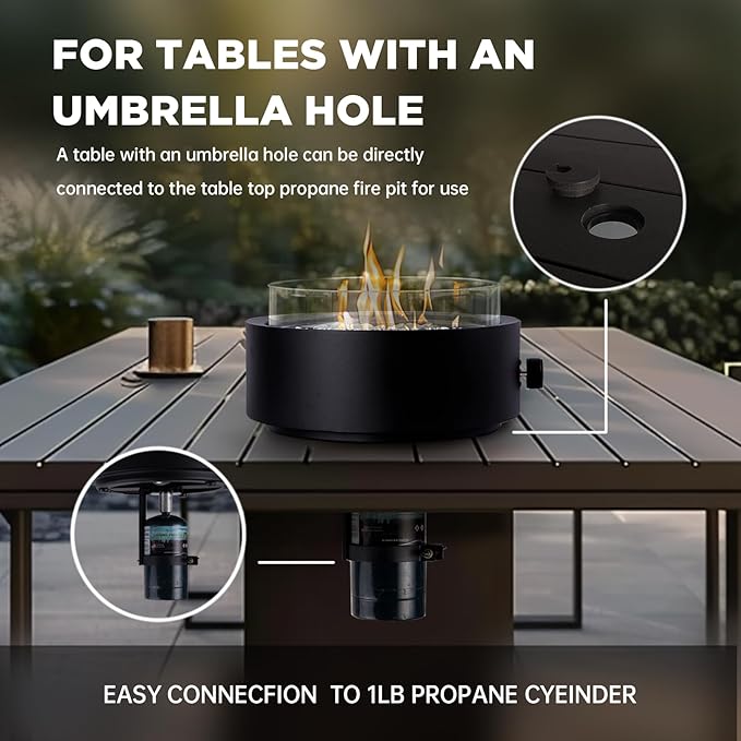 14-inch Tabletop Propane Fire Pit, Outdoor Gas Umbrella-Hole Fire Pit, Portable Fireplace Round Fire Bowl with Wind Glass Guard, Glass Rocks - Black