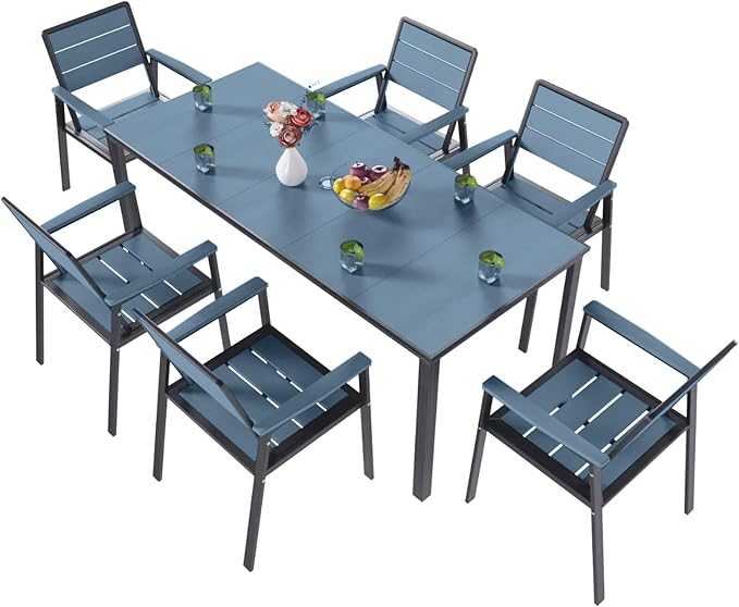 Kingdura 7 Piece Patio Dining Set for 6, HDPE Outdoor Table & Chairs with Umbrella Hole, All-Weather Outdoor Furniture Patio Conversation Set for Lawn Pool Backyard, Blue