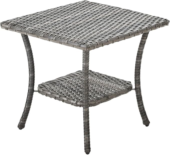 Rilyson Patio Tables Outdoor Coffee Table - Wicker Rattan Side Tables with 2-Tier Storage Shelf End Table for Porch Deck Balcony Garden Outside Square Mixed Grey