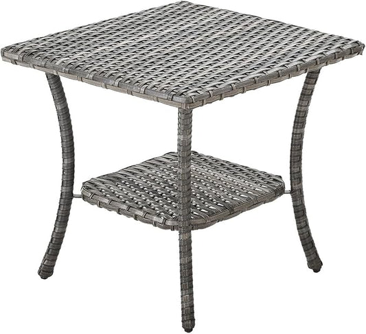 Rilyson Patio Tables Outdoor Coffee Table - Wicker Rattan Side Tables with 2-Tier Storage Shelf End Table for Porch Deck Balcony Garden Outside Square Mixed Grey