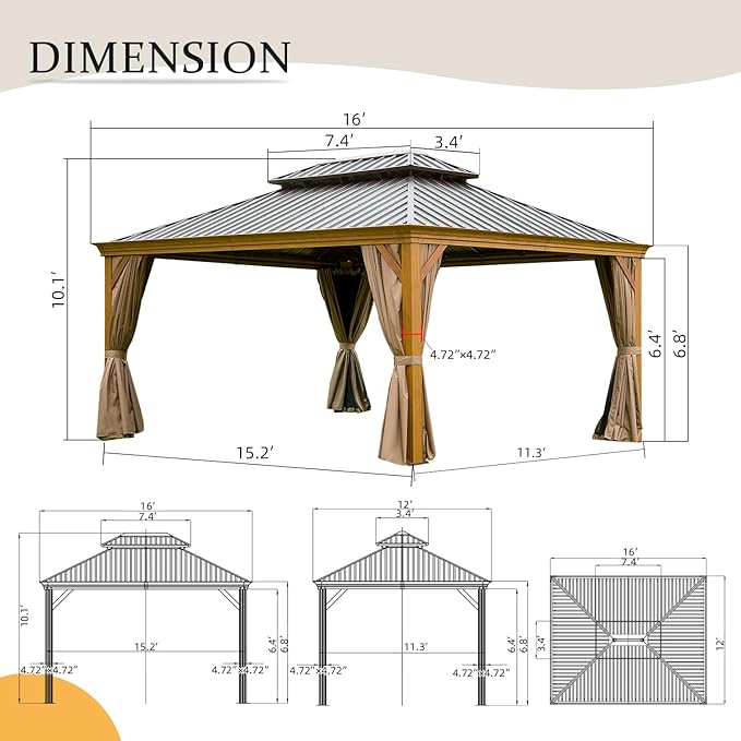 12’ x 16’ Hardtop Gazebo Outdoor Aluminum Wood Grain Gazebos with Galvanized Steel Double Canopy for Patios Deck Backyard,Curtains&Netting by domi outdoor living