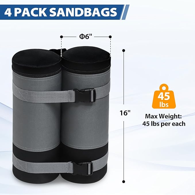 EAGLE PEAK Extra Large Weight Bags for Canopy Tent 180 lbs Leg Weights Heavy Duty Sandbags for Pop Up Canopy Gazebos Beach Tent Umbrella Greenhouse Set of 4, Gray