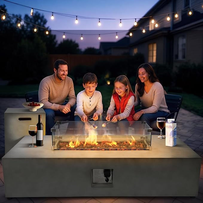 3-Piece 54" Outdoor Propane Fire Pit Table Set W 16" Tank Cover, 50,000 BTU Rectangle Concrete Fire Pit Coffee Table, Glass Wind Guard, Waterproof Cover for Patio, Backyard, Garden, Porch, Deck
