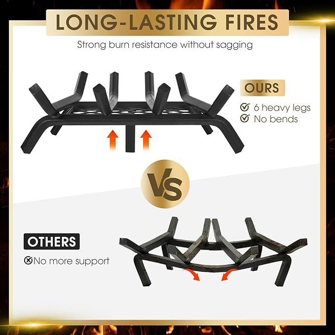 Fireplace Grate 17 "Heavy Duty with Ember Retainer, 1/2” Bar Fire Log Grate for Inside Fireplace, Fireplace Assectories, Chimney Hearth Wood Stove Burning Rack Holder,Wood Stove Grate for Outdoor