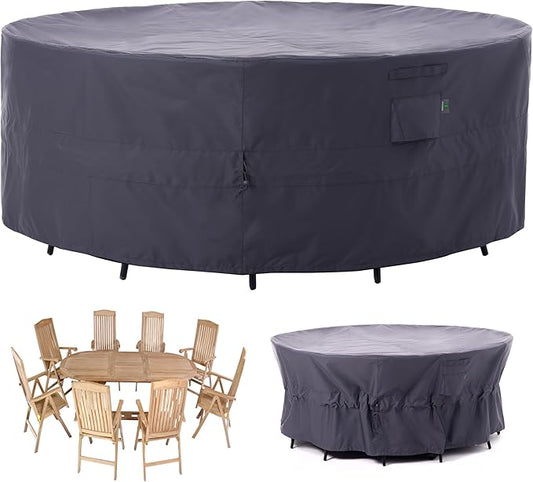 F&J Outdoors Patio Furniture Covers, Heavy Duty Tear Resistant Waterproof UV Resistant Windproof Large Furniture Cover, Grey, 110" Dia x 33" H