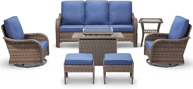 7 Pieces Patio Furniture Set with 42.5" Fire Pit Table-All Weather Wicker Outdoor Furniture with High Back Swivel Patio Chairs Set of 2 Outdoor Couch for Deck Balcony Backyard Brown/Blue