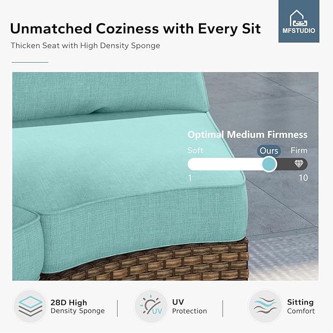 MFSTUDIO 8 Pieces Extra Large Wicker Patio Furniture Set, Rattan Half-Moon Sectional Sofa Outdoor Conversation Set, 2 x Curved Sofa, 2 x Armless Couch, 2 x Ottoman, 2 x Corner Chair(Aqua Blue Cushion)