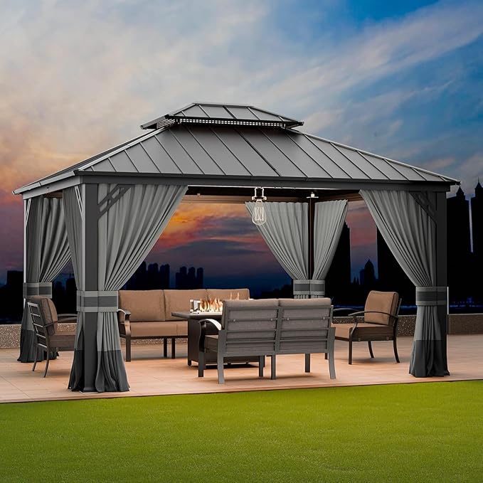 12’x14’ Hardtop Gazebo Outdoor Aluminum Frame Permanent Gazebo Galvanized Steel Double Roof Pergola with Nettings and Curtains for Patio, Lawns,Backyard, Deck,Grey