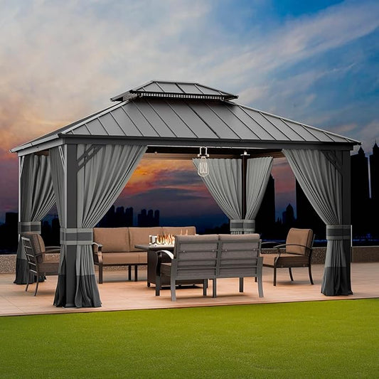 12’x14’ Hardtop Gazebo Outdoor Aluminum Frame Permanent Gazebo Galvanized Steel Double Roof Pergola with Nettings and Curtains for Patio, Lawns,Backyard, Deck,Grey