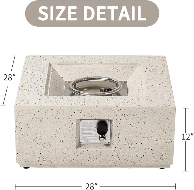 SUNBURY 28 Inch Outdoor Propane Fire Pit Table, 40,000 BTU Spotted White Patio Gas Fire Table w Lava Rocks, Waterproof Cover (Square)