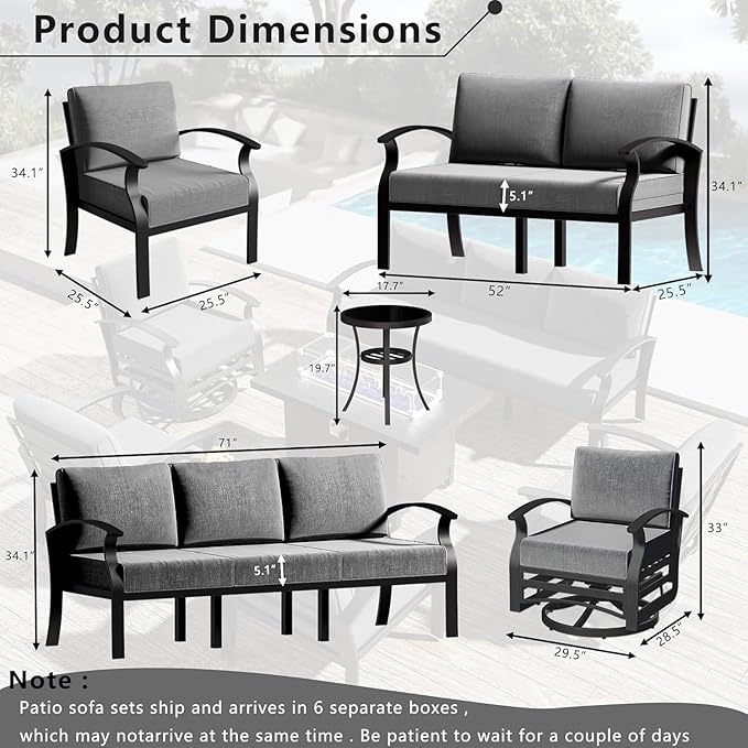 Aluminum Patio Furniture Set with Fire Pit Table, 8 Seats Outdoor Patio Conversation Set with Swivel Chair Modern Metal Patio Sectional Sofa with Upgrade Cushions for Patio, Backyard (Grey)