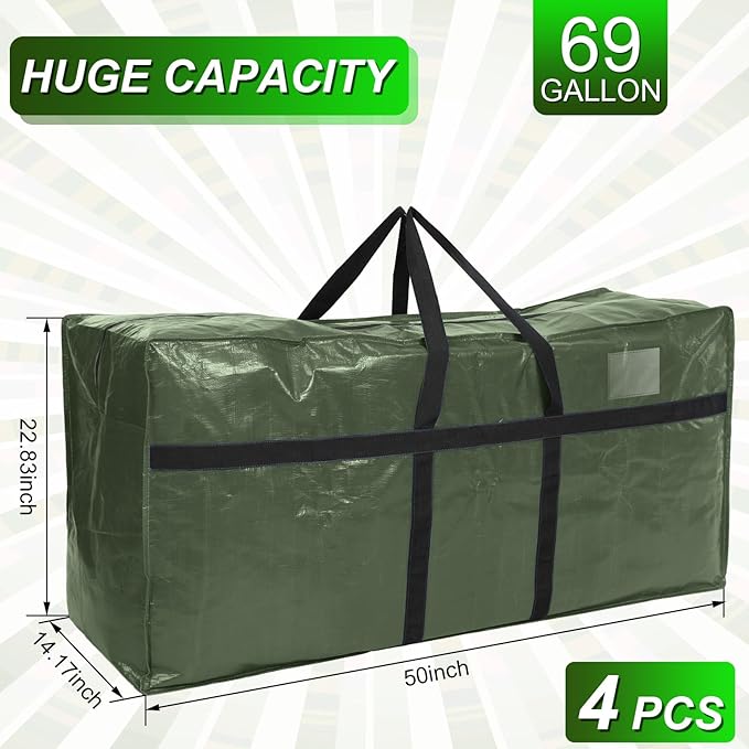 Windyun 4 Pack 69 Gallon Extra Large Storage Bags XXL Moving Bags with Zipper Handles Heavy Duty Jumbo Big Tote Box for Christmas Tree Storage 4, 5, 7.5, 9, 10, 12 ft Skeleton College Dorm(Army Green)