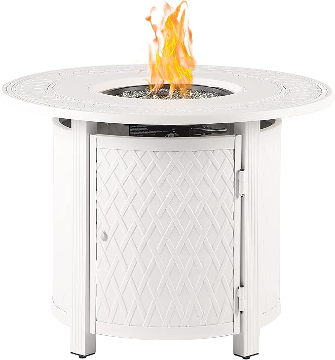 Oakland Living Round 34 in. x 34 in. Aluminum Propane Fire Pit Table with Glass Beads, Two Covers, Lid, 37,000 BTUs in White Finish