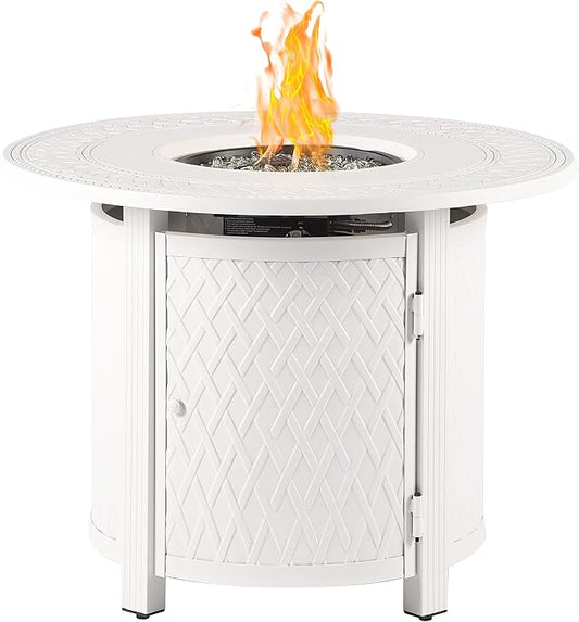 Oakland Living Round 34 in. x 34 in. Aluminum Propane Fire Pit Table with Glass Beads, Two Covers, Lid, 37,000 BTUs in White Finish
