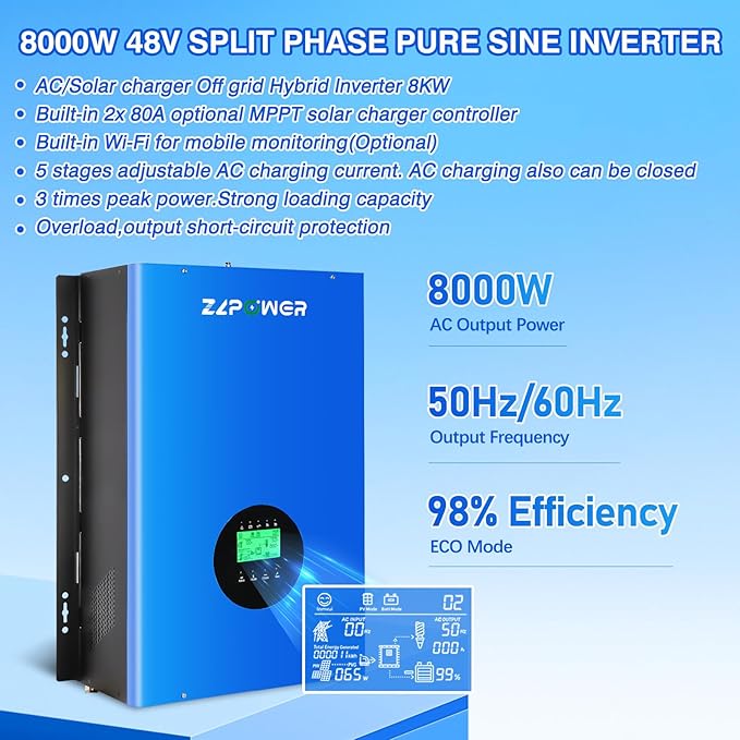 CAMINI 8000W 48V Hybrid Solar Inverter, 24000W Peak, 120/240V Split Phase Pure Sine Wave, UL1741 Certified, Built-in 2 MPPT Solar Charger, Low Frequency Off-Grid Inverter for Home & Business