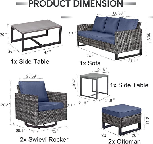 7 Piece Wicker Patio Furniture Set - Outdoor Swivel Rocker Chairs Set with Coffee Table, Side Table, 3 Seat Sofa & Ottomans, Small Patio Conversation Sets for Balcony Deck - Grey/Blue