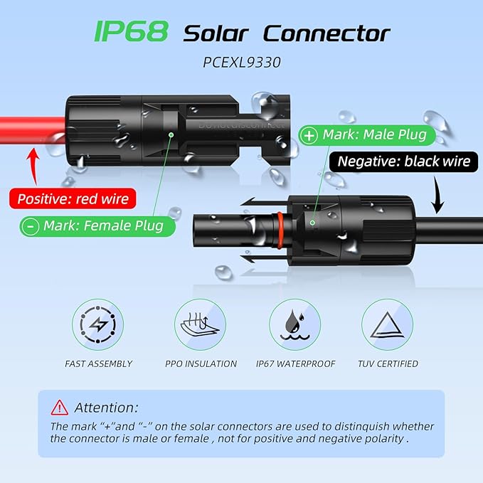 Bateria Power 10Feet 10AWG Solar Panel Extension Cable, 10 Gauge 6mm² PV Wire with Female & Male Waterproof Connectors for RV, Photovoltaic Systems, Set of 2