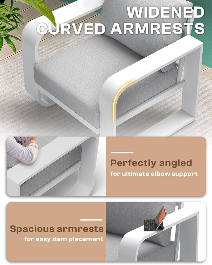 Oasbira Aluminum Outdoor Sofa Bistro Set, Oversized Patio Conversation Sets Widened Armrest & Ultra-Thick Cushions, Deep Seating Patio Furniture Set for Backyard, Porch, White