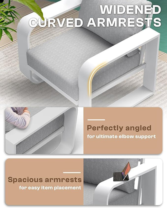 Oasbira Aluminum Outdoor Sofa Bistro Set, Oversized Patio Conversation Sets Widened Armrest & Ultra-Thick Cushions, Deep Seating Patio Furniture Set for Backyard, Porch, White