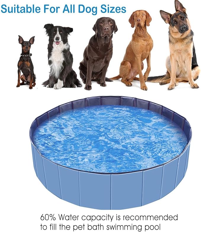 Foldable Pet Swimming Pool - Large 63" PVC Kiddie Dog Pool Bathing Tub for Dogs Cats Kids Portable Summer Outdoor Water Playmat Non-Slip Bottom Easy Drain (Blue)