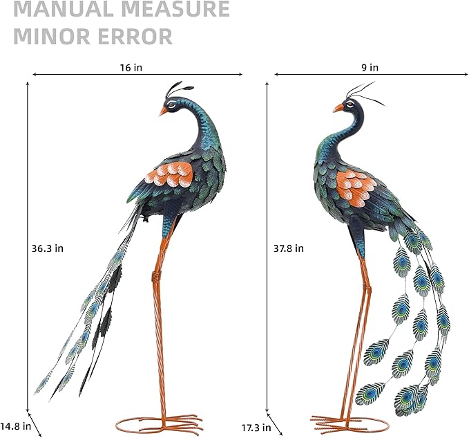 Ultym Large Metal Peacock Garden Decor- Handmade 32" Oversize Standing Peacock Statue with Stable Ground Stakes, Backyard Decoration, Metal Garden Art Sculptures
