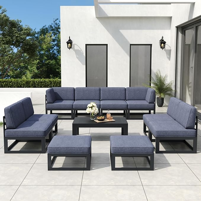 11 Pieces Aluminum Patio Furniture Set with Coffee Table, Metal Outdoor Conversation Sofa Set with Seating Cushions