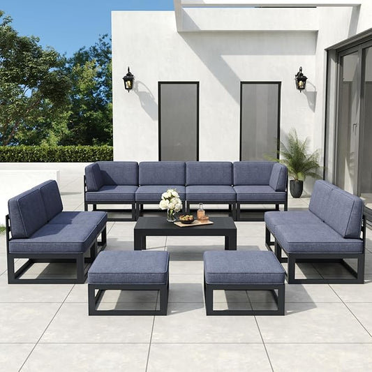 11 Pieces Aluminum Patio Furniture Set with Coffee Table, Metal Outdoor Conversation Sofa Set with Seating Cushions