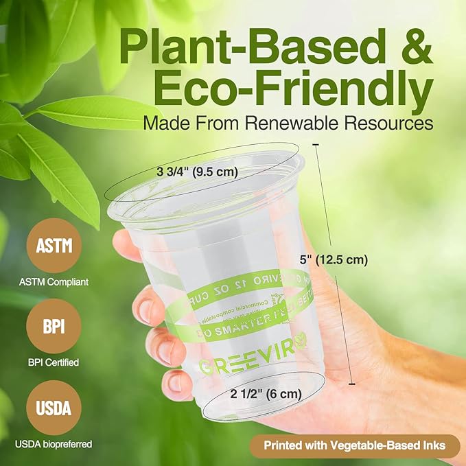 GREEVIRO Eco Compostable Plant-Based Clear Plastic Cups 16oz Thick, Reusable, Disposable Iced Coffee Cups for Smoothies, Beer & Any Beverages for Parties, Weddings & Gatherings (16oz)