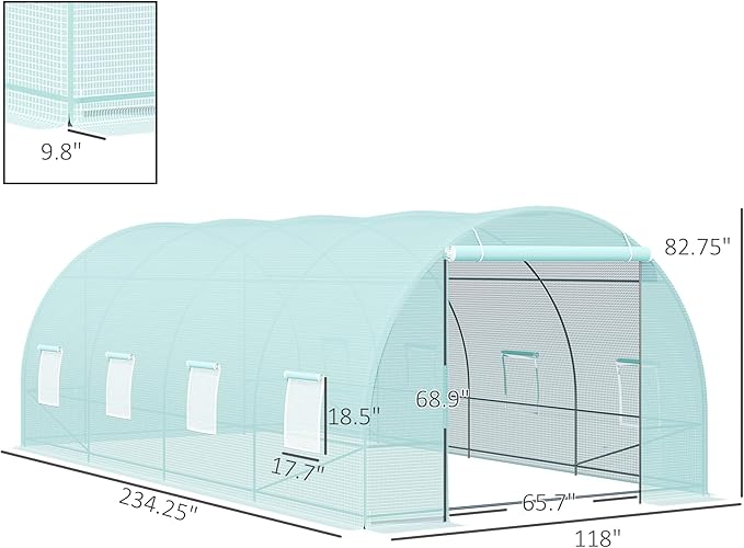 Outsunny 20' x 10' x 7' Walk-in Tunnel Greenhouse with Zippered Door & 8 Mesh Windows, Large Garden Green House Kit, Galvanized Steel Frame, Green