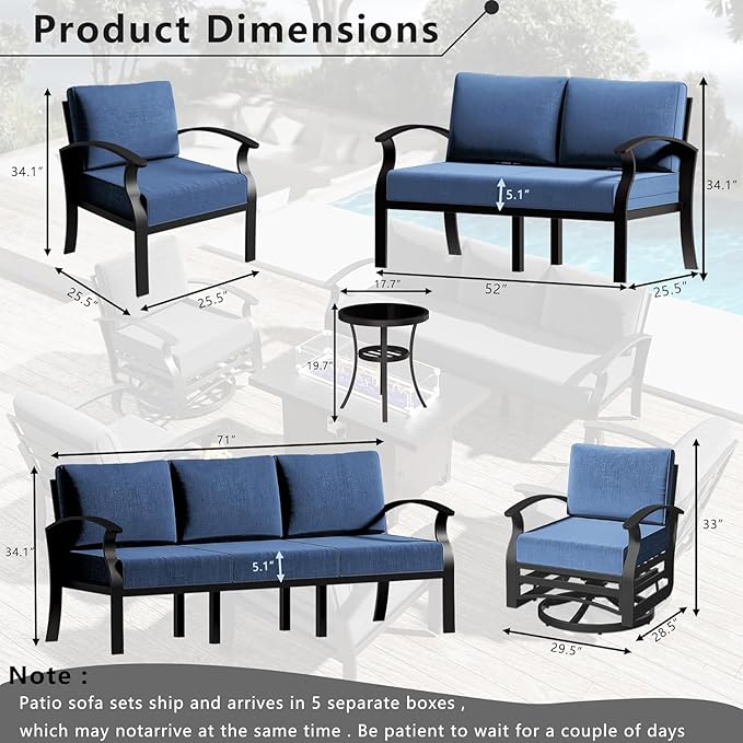 Aluminum Patio Furniture Set with Fire Pit Table, 7 Seats Outdoor Patio Conversation Set Modern Metal Patio Sectional Sofa with Upgrade Cushions for Patio, Backyard (Navy)
