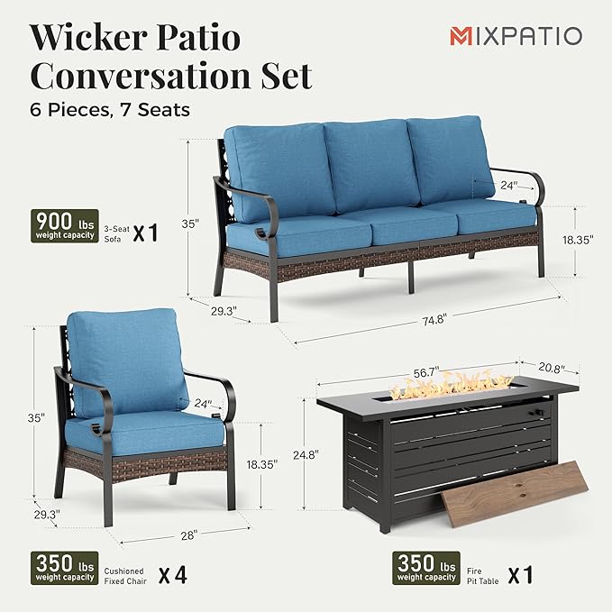 Patio Furniture Set with Firepit Table, Black Frame Outdoor Conversation Set with 4 x Fixed Chairs, 1 x 3-Seat Sofa for Lawn Garden Backyard, Navy Blue