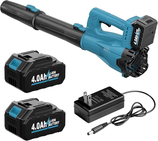 FULLYEA Leaf Blower Cordless, 21V Powerful Leaf Blower with 2 x 4.0Ah Battery & Fast Charger, Lightweight Electric Leaf Blowers for Lawn Care, Yard, Patio Cleaning, Blowing Leaves & Dust (Blue)