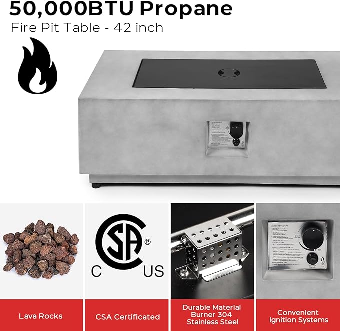 42 Inch Propane Fire Pit Table w/Wind Guard, Modern Gas Fire Pits for Outside Patio, Ignition Systems Firepit, 50,000 BTU Outdoor Fire Table for Patio Backyard Deck