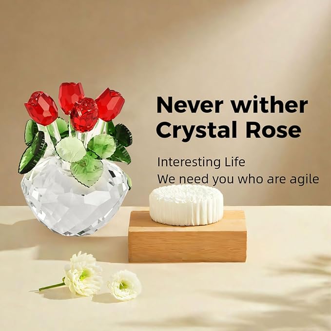 Crystal Roses Figurines,Valentine's Gifts for Women,Crystal Flowers Mom Girlfriend Wife Glass Flowers for Mother's Day,Birthday,Wedding,Anniversary Collectibles（Red）